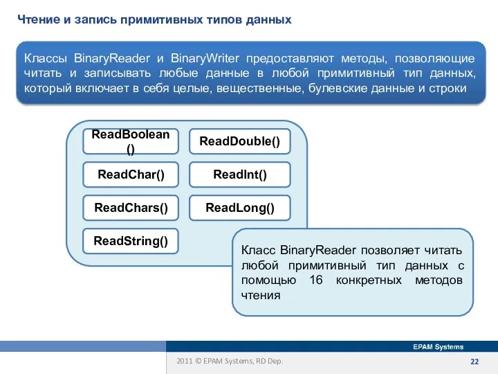 Чтение и запись примитивных типов данных Классы BinaryReader и BinaryWriter предоставляют