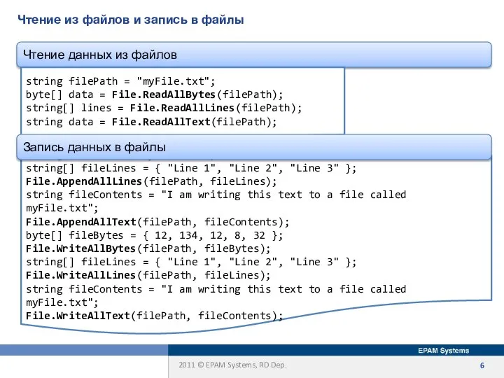 string filePath = "myFile.txt"; string[] fileLines = { "Line 1", "Line