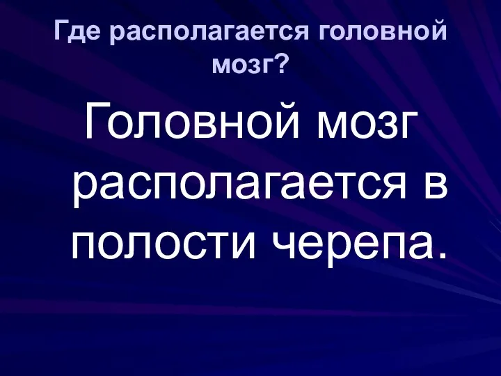 Где располагается головной мозг? Головной мозг располагается в полости черепа.