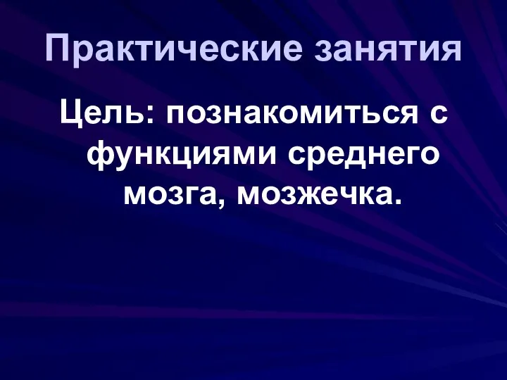 Практические занятия Цель: познакомиться с функциями среднего мозга, мозжечка.