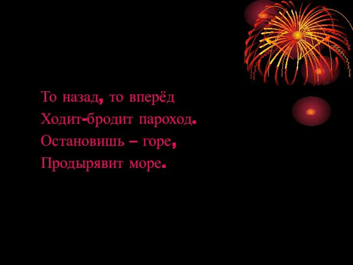 То назад, то вперёд Ходит-бродит пароход. Остановишь – горе, Продырявит море.