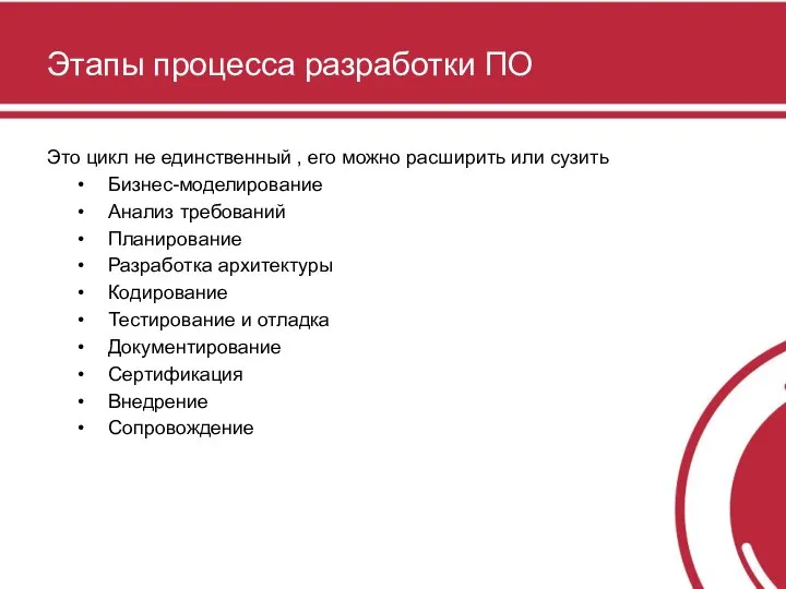 Этапы процесса разработки ПО Это цикл не единственный , его можно