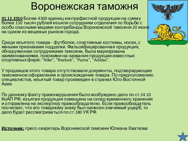 Воронежская таможня 01.12.2010 Более 4300 единиц контрафактной продукции на сумму более