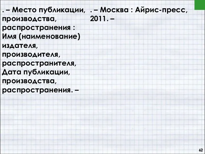 . – Место публикации, производства, распространения : Имя (наименование) издателя, производителя,