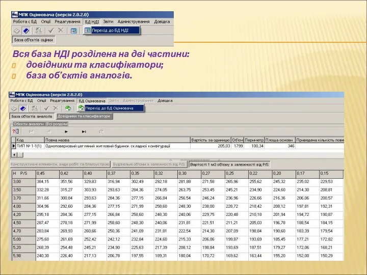 Вся база НДІ розділена на дві частини: довідники та класифікатори; база об’єктів аналогів.
