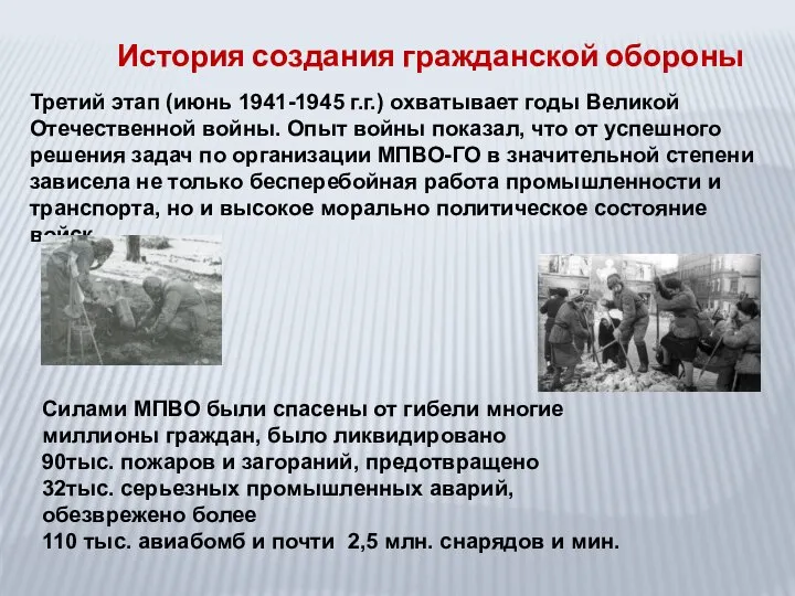 История создания гражданской обороны Третий этап (июнь 1941-1945 г.г.) охватывает годы