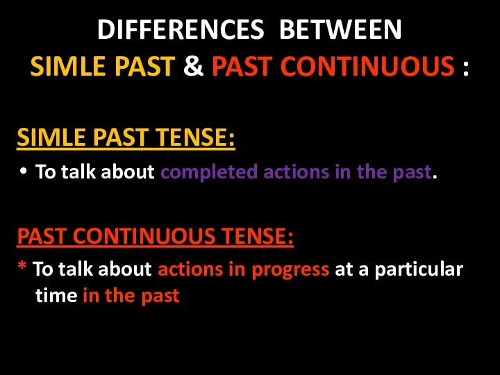 DIFFERENCES BETWEEN SIMLE PAST & PAST CONTINUOUS : SIMLE PAST TENSE: