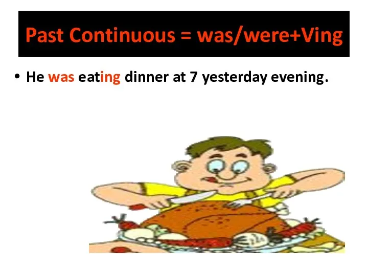 Past Continuous = was/were+Ving He was eating dinner at 7 yesterday evening.