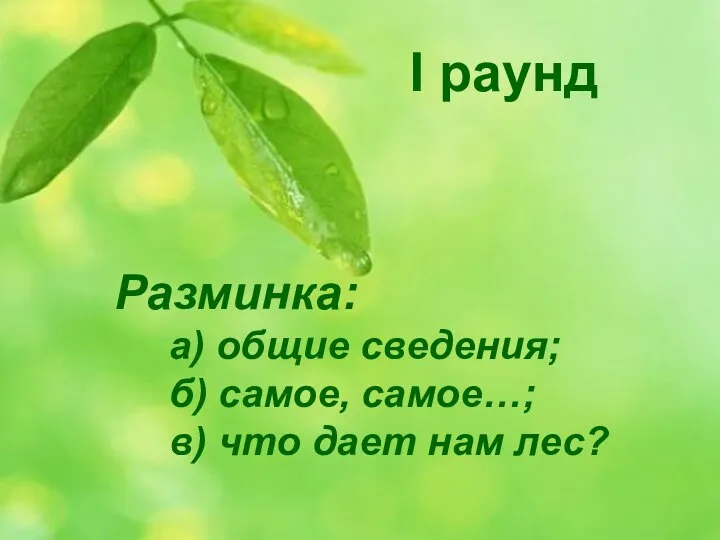 Разминка: а) общие сведения; б) самое, самое…; в) что дает нам лес? I раунд