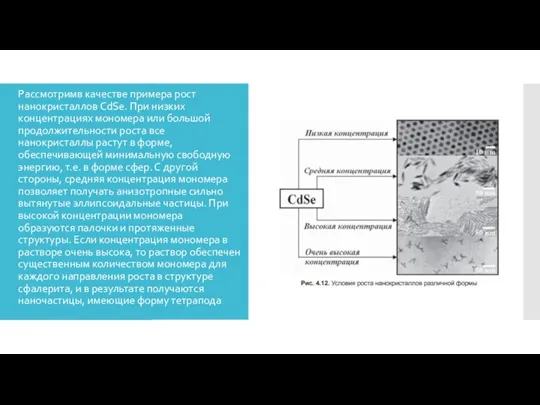 Рассмотримв качестве примера рост нанокристаллов CdSe. При низких концентрациях мономера или