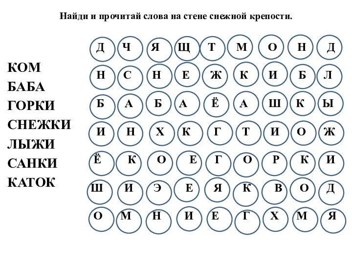 Найди и прочитай слова на стене снежной крепости. КОМ БАБА ГОРКИ