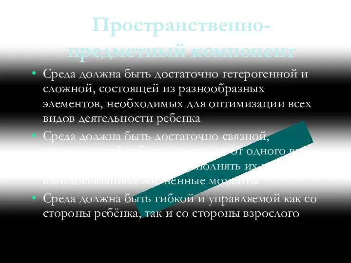 Пространственно-предметный компонент Среда должна быть достаточно гетерогенной и сложной, состоящей из