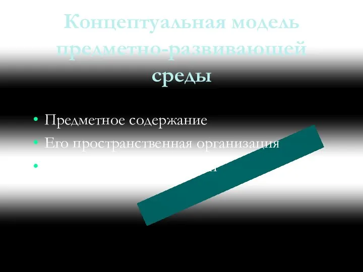 Концептуальная модель предметно-развивающей среды Предметное содержание Его пространственная организация Их изменения во времени