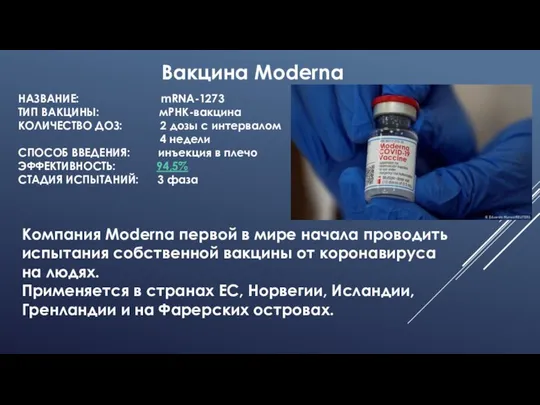 Вакцина Moderna НАЗВАНИЕ: mRNA-1273 ТИП ВАКЦИНЫ: мРНК-вакцина КОЛИЧЕСТВО ДОЗ: 2 дозы