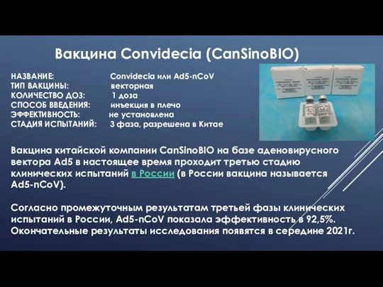 Вакцина Convidecia (CanSinoBIO) НАЗВАНИЕ: Convidecia или Ad5-nCoV ТИП ВАКЦИНЫ: векторная КОЛИЧЕСТВО