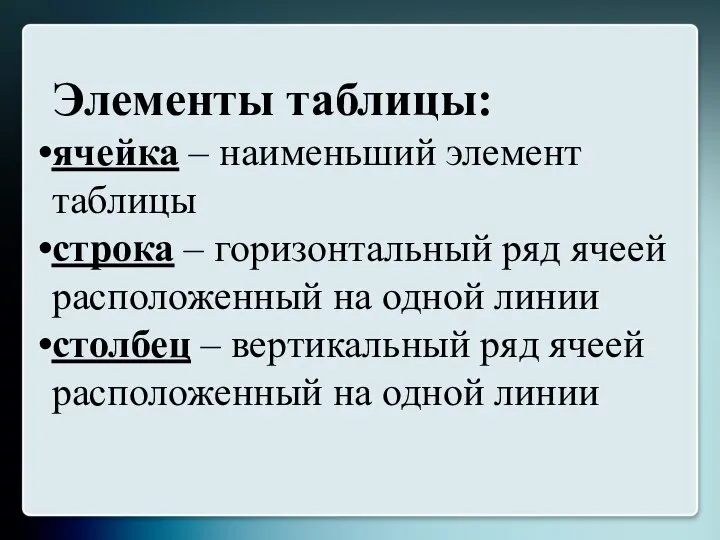 Элементы таблицы: ячейка – наименьший элемент таблицы строка – горизонтальный ряд