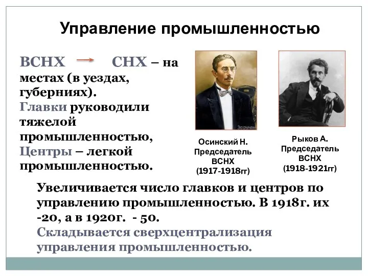 Управление промышленностью Увеличивается число главков и центров по управлению промышленностью. В