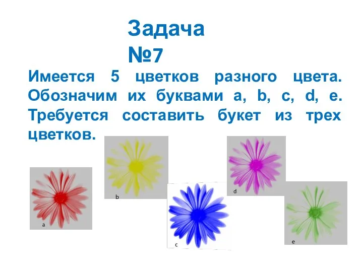 Задача №7 Имеется 5 цветков разного цвета. Обозначим их буквами a,