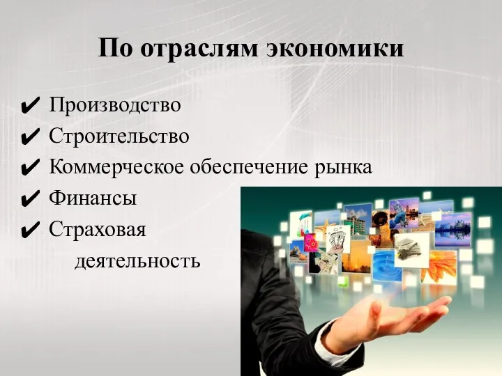 По отраслям экономики Производство Строительство Коммерческое обеспечение рынка Финансы Страховая деятельность