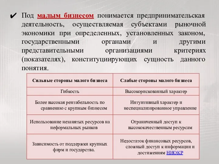 Под малым бизнесом понимается предпринимательская деятельность, осуществляемая субъектами рыночной экономики при