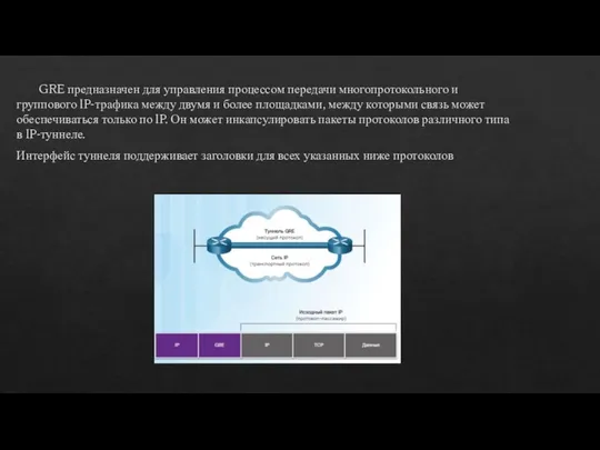 GRE предназначен для управления процессом передачи многопротокольного и группового IP-трафика между