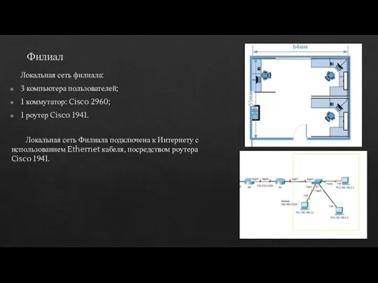 Филиал Локальная сеть филиала: 3 компьютера пользователей; 1 коммутатор: Cisco 2960;