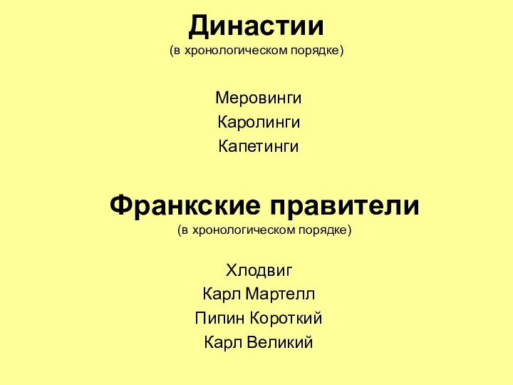 Династии (в хронологическом порядке) Меровинги Каролинги Капетинги Хлодвиг Карл Мартелл Пипин