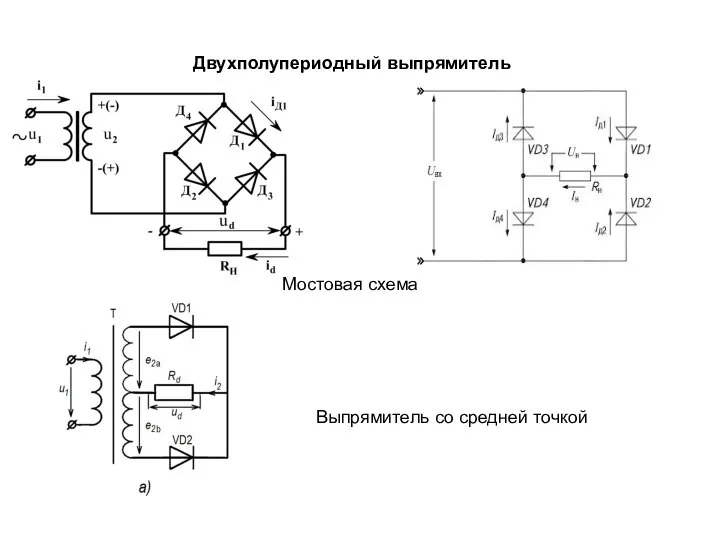 Двухполупериодный выпрямитель Мостовая схема Выпрямитель со средней точкой