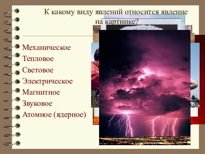 Механическое Тепловое Световое Электрическое Магнитное Звуковое Атомное (ядерное) К какому виду явлений относится явление на картинке?