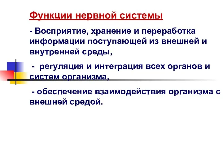 Функции нервной системы - Восприятие, хранение и переработка информации поступающей из