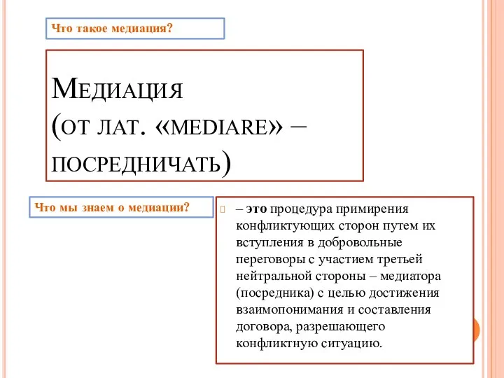 Медиация (от лат. «mediare» – посредничать) – это процедура примирения конфликтующих