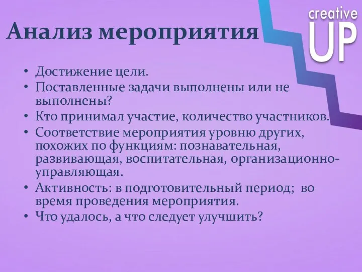 Анализ мероприятия Достижение цели. Поставленные задачи выполнены или не выполнены? Кто