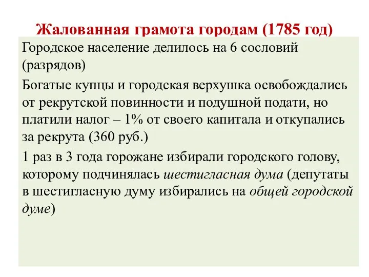 Жалованная грамота городам (1785 год) Городское население делилось на 6 сословий