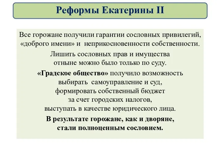 Все горожане получили гарантии сословных привилегий, «доброго имени» и неприкосновенности собственности.