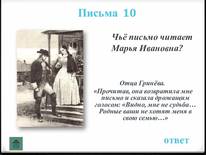 Письма 10 ответ Чьё письмо читает Марья Ивановна? Отца Гринёва. «Прочитав,