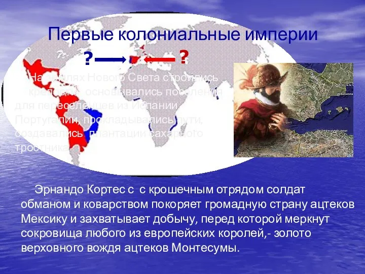 Первые колониальные империи На землях Нового Света строились крепости, основывались поселения