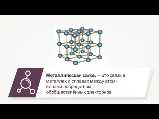 Металлическая связь — это связь в металлах и сплавах между атом-ионами посредством обобществлённых электронов.