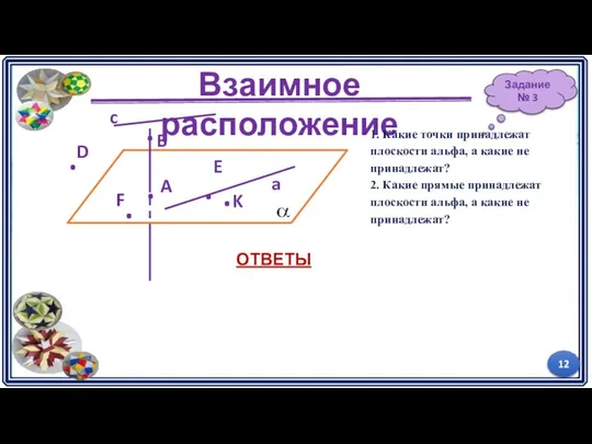 Взаимное расположение 1. Какие точки принадлежат плоскости альфа, а какие не