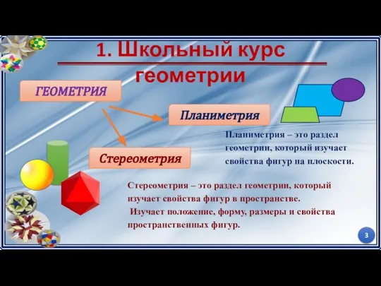 1. Школьный курс геометрии Стереометрия – это раздел геометрии, который изучает