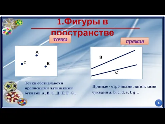 1.Фигуры в пространстве Точки обозначаются прописными латинскими буквами А, В, С,