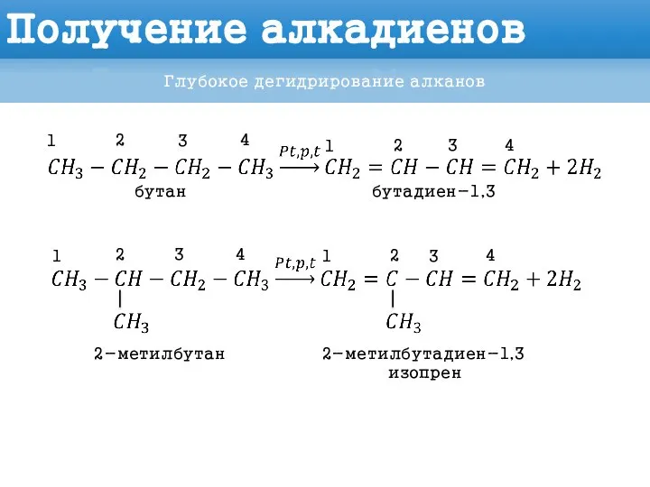 Получение алкадиенов Глубокое дегидрирование алканов бутан бутадиен-1,3 2-метилбутан 1 2 3