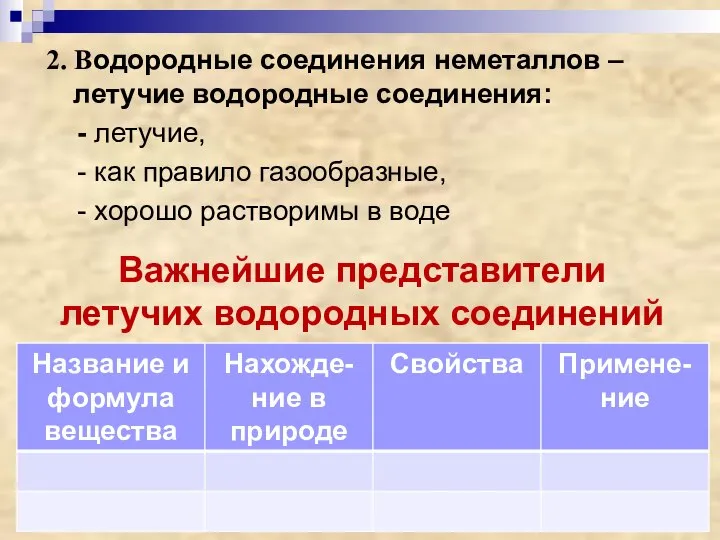 2. Водородные соединения неметаллов – летучие водородные соединения: - летучие, -