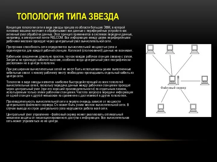 ТОПОЛОГИЯ ТИПА ЗВЕЗДА Концепция топологии сети в виде звезды пришла из