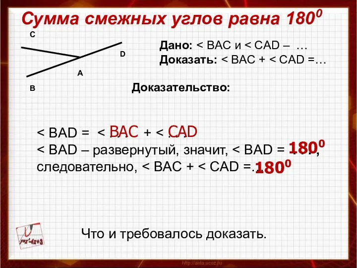 Сумма смежных углов равна 1800 Дано: Доказать: Доказательство: Что и требовалось доказать. BAC CAD 1800 1800