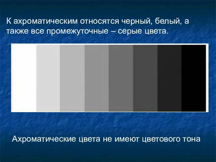 Ахроматические цвета не имеют цветового тона К ахроматическим относятся черный, белый,