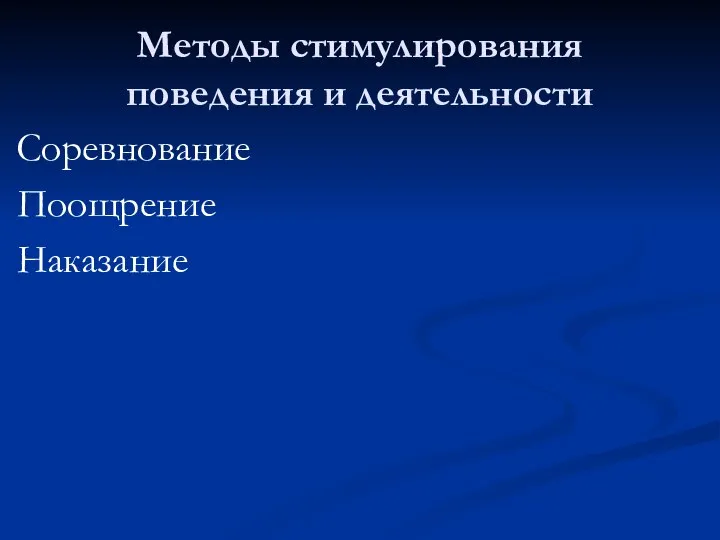 Методы стимулирования поведения и деятельности Соревнование Поощрение Наказание