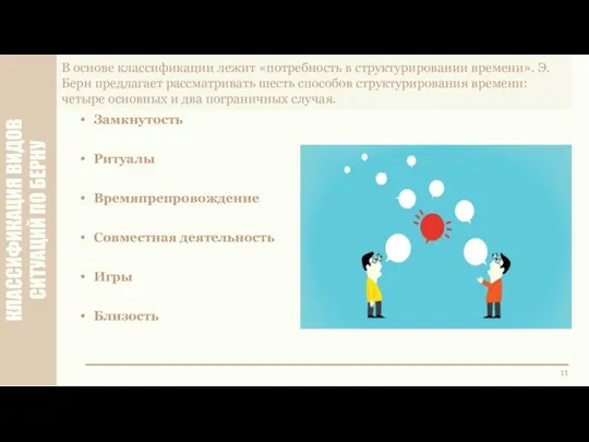 КЛАССИФИКАЦИЯ ВИДОВ СИТУАЦИЙ ПО БЕРНУ 11 В основе классификации лежит «потребность