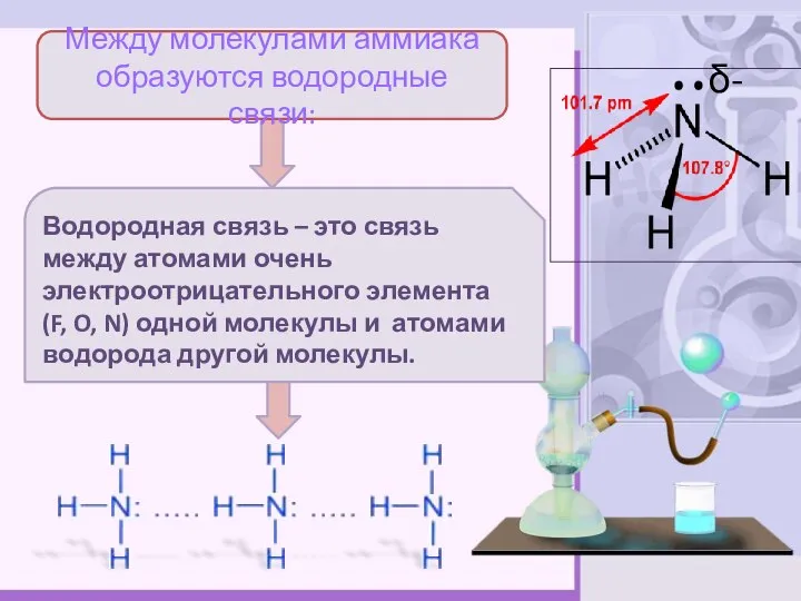 Между молекулами аммиака образуются водородные связи: Водородная связь – это связь