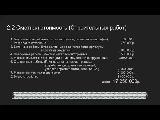 2.2 Сметная стоимость (Строительных работ) 1. Геодезические работы (Разбивка отметок, разметка