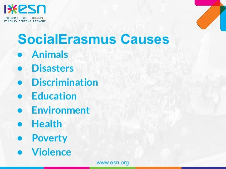 SocialErasmus Causes Animals Disasters Discrimination Education Environment Health Poverty Violence